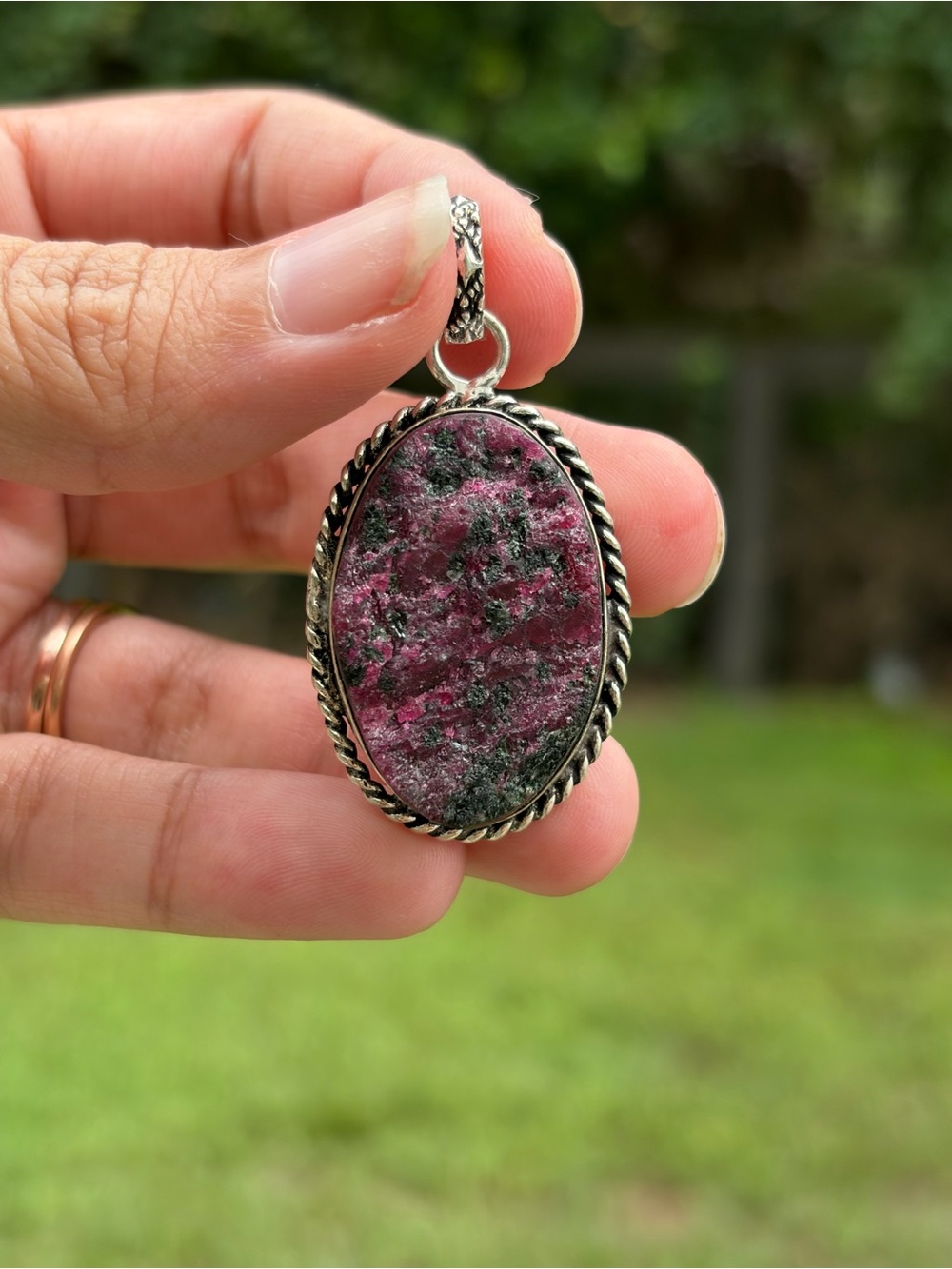 Raw Pink Ruby Zoisite Oval Pendant in 925 Silver Pendant